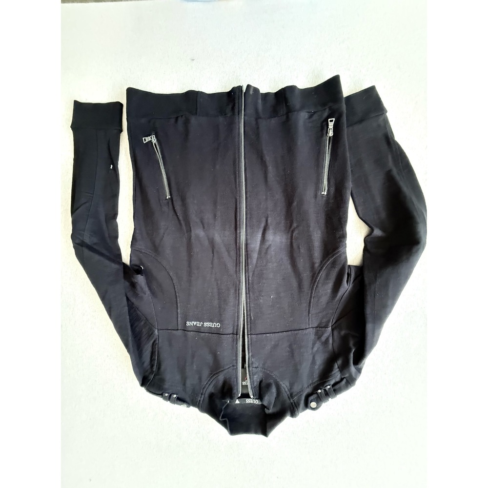 Guess Jeans Black Full Zip Moto Knit Jacket Womens Medium Epaulets Pockets